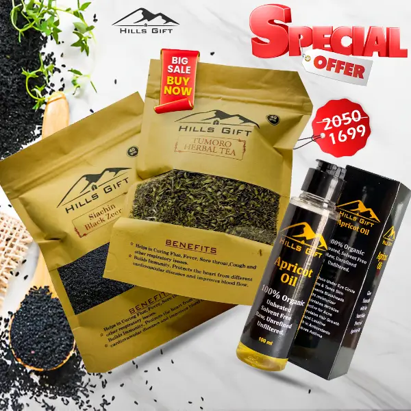 Apricot Oil, Tumoro Herbal Tea and Siachen Black Cumin (Kala Zeera) - Bundle Pack